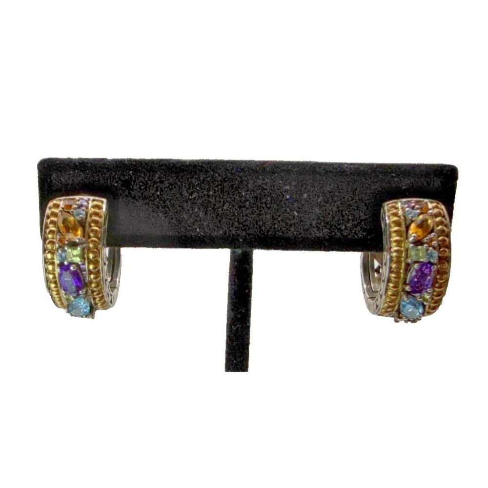 EFFY Sterling Silver Multi Gemstone Huggie Hoop Earrings Amethyst Topaz 925